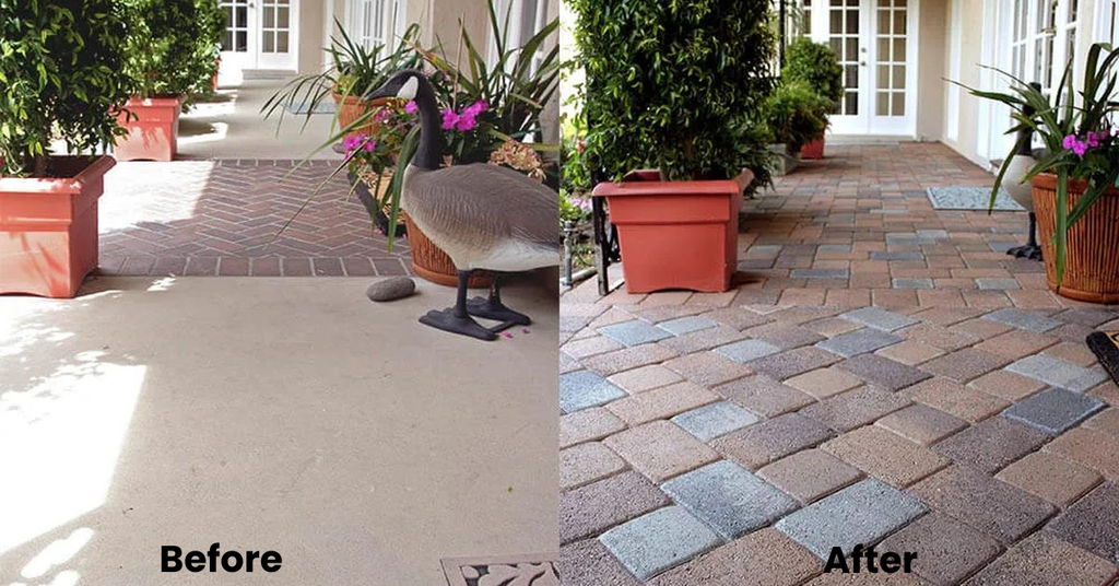 Before and after paver installation for a residential patio and walkway