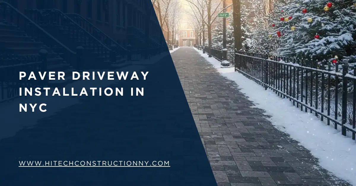 Snow-covered walkway showcasing durable paver materials ideal for NYC winters, lined with wrought iron railings near historic brownstones